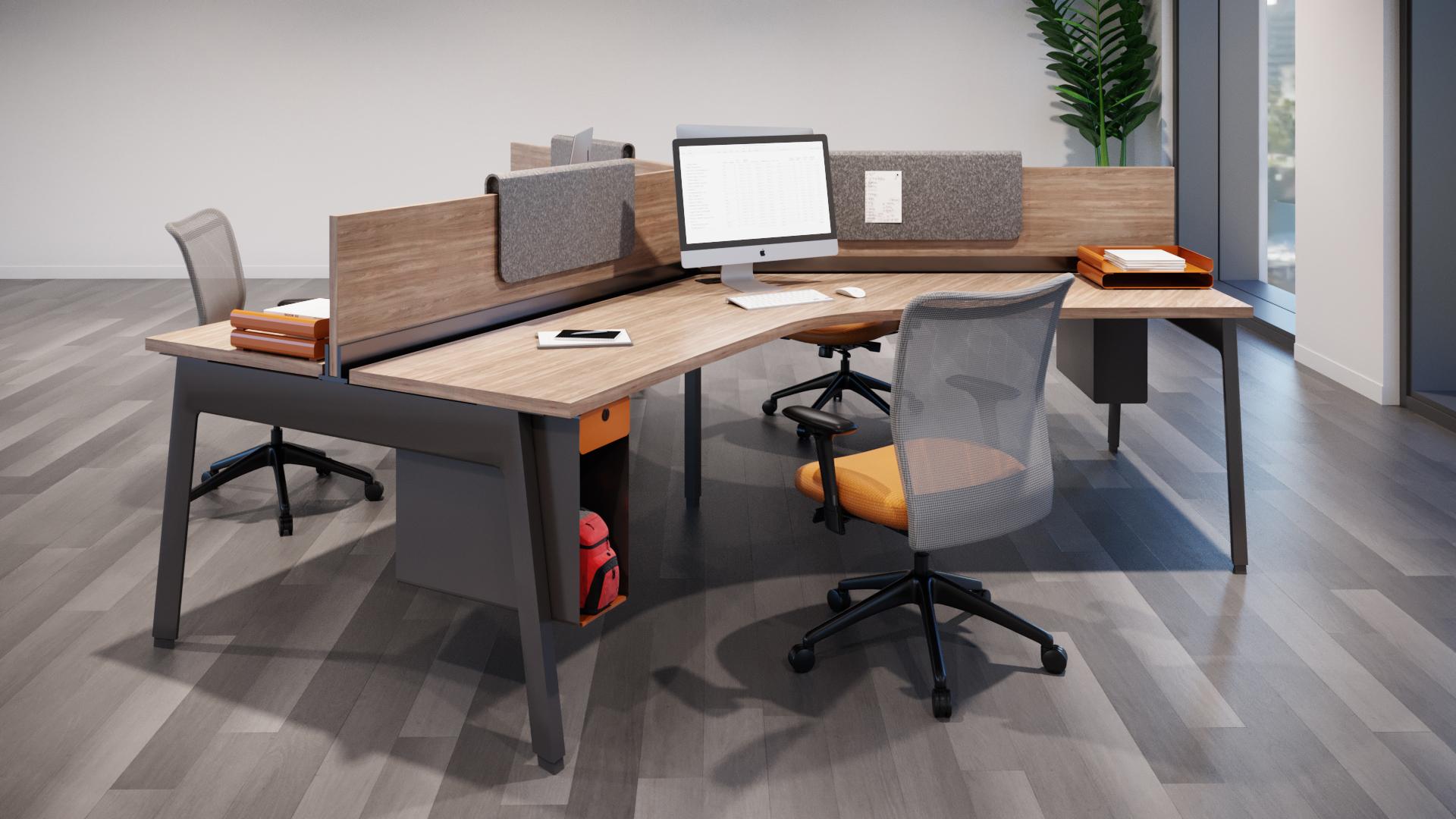 Modern corporate workspace with collaborative seating and breakout areas