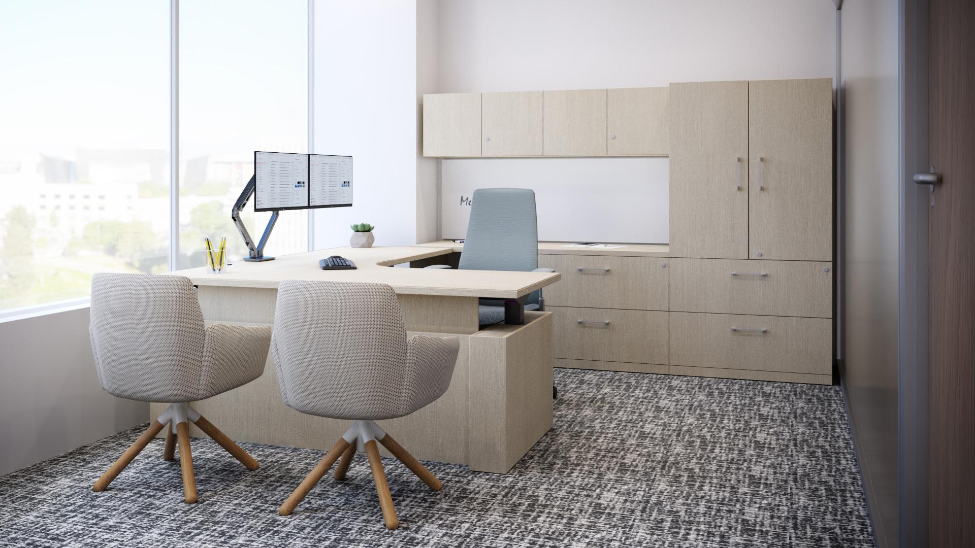 Modern corporate workspace with collaborative seating and breakout areas