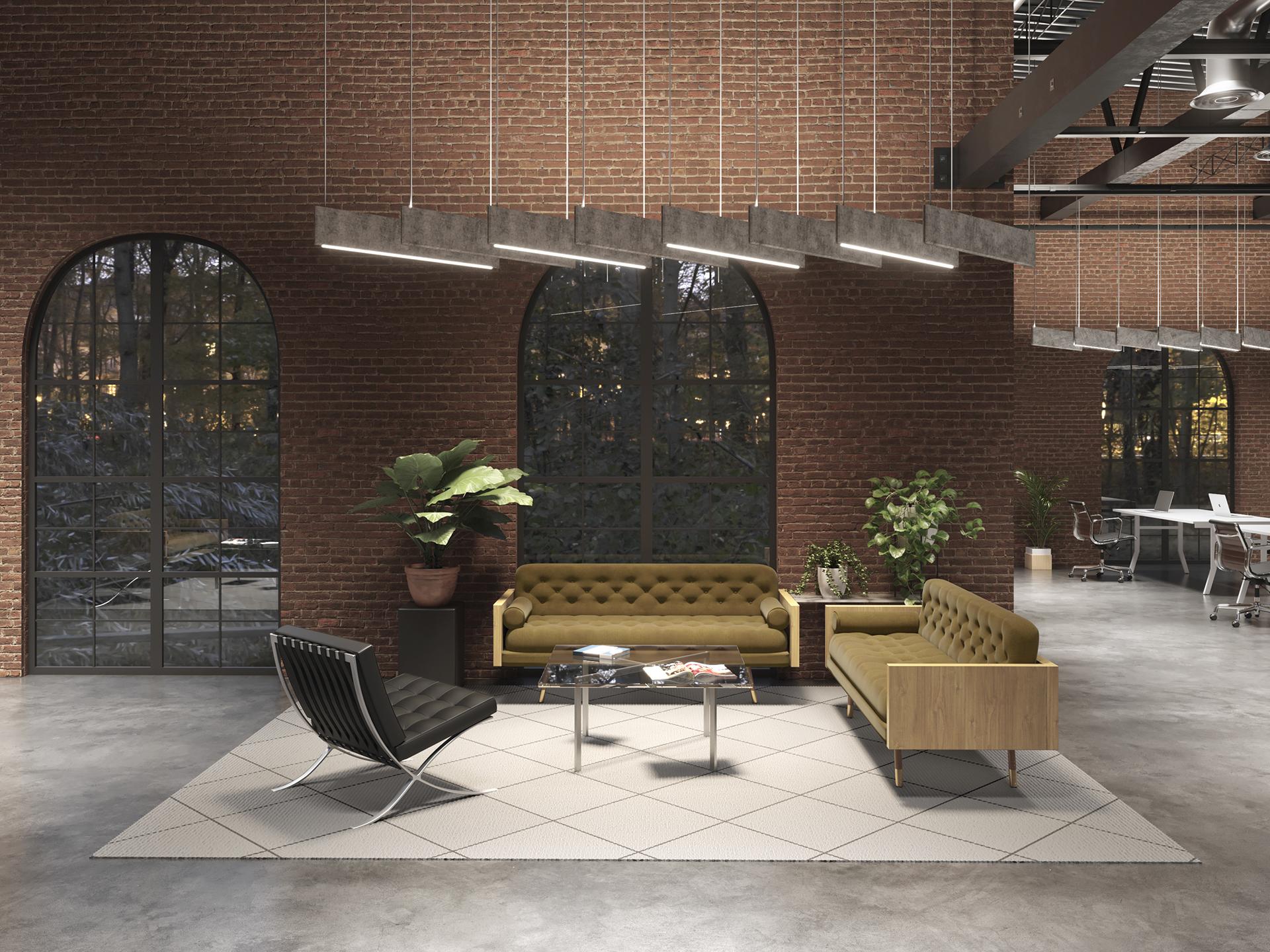 Modern corporate workspace with collaborative seating and breakout areas