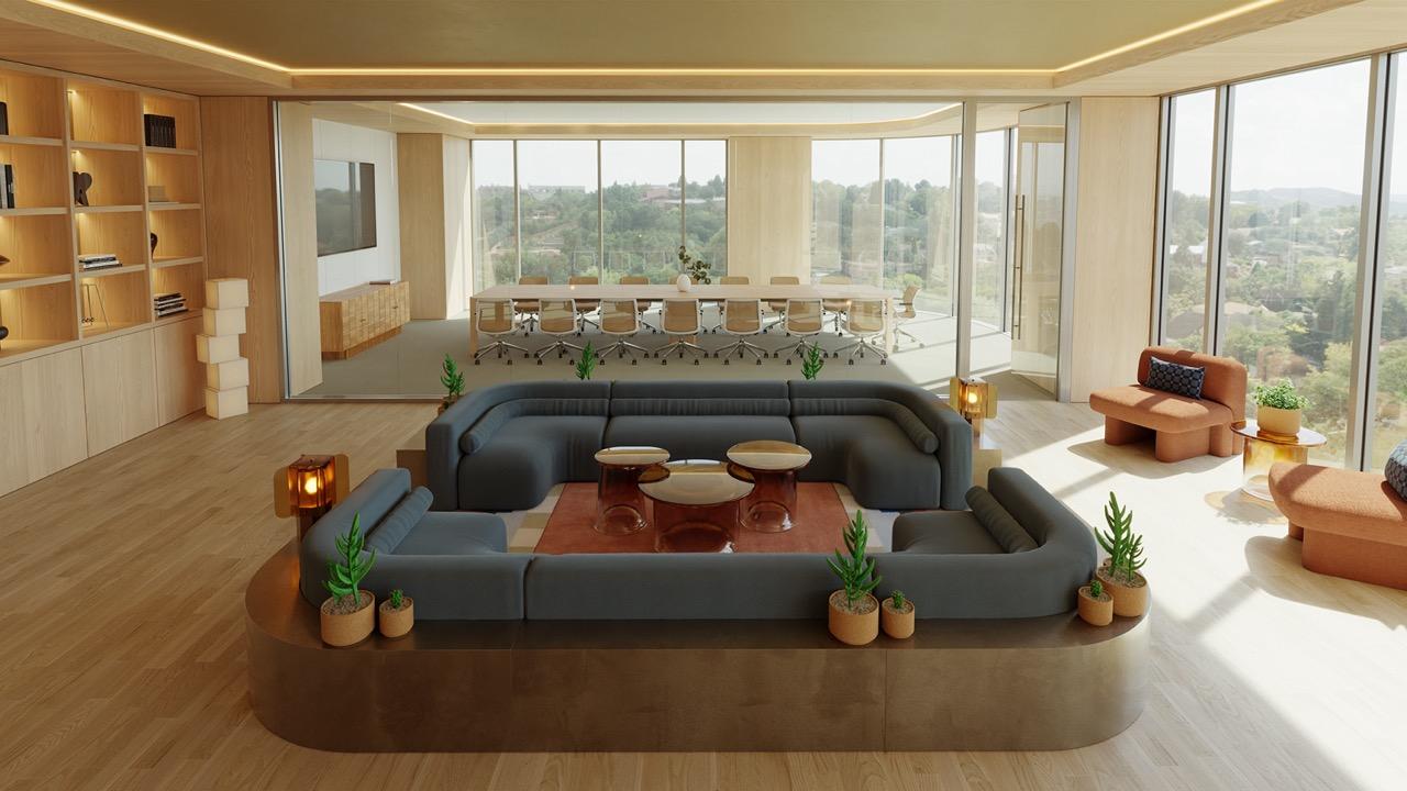 Modern corporate workspace with collaborative seating and breakout areas