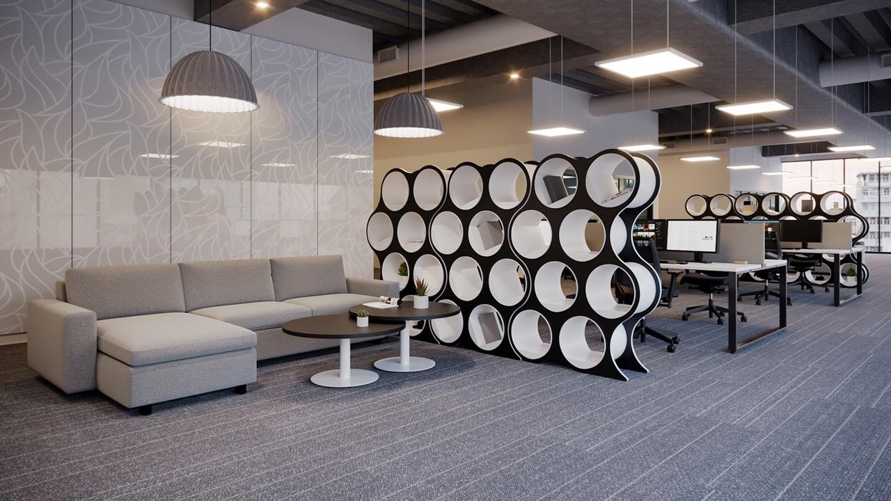 Modern corporate workspace with collaborative seating and breakout areas